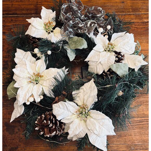 Set of 2 Handmade 19” Poinsettia Winter Wreaths with Greenery Wire Backs - Picture 4 of 10